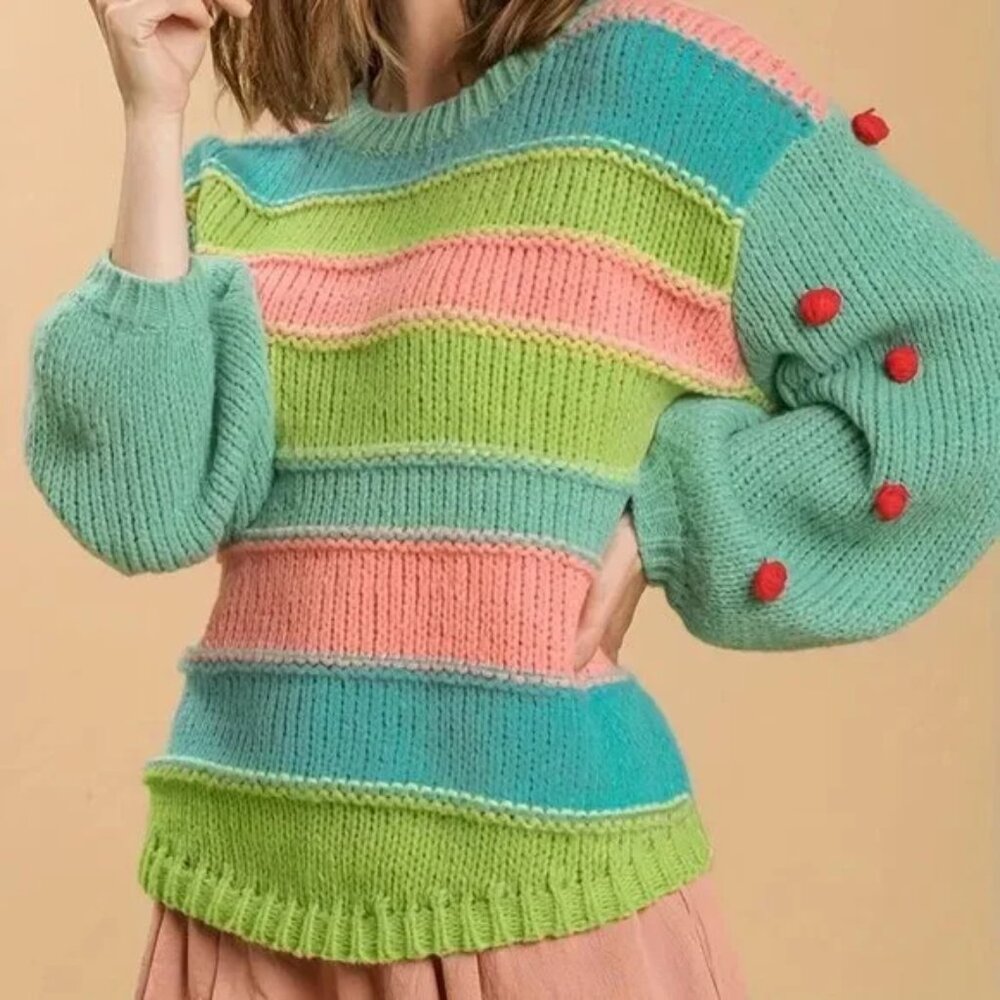 Pastel Striped Crewneck Sweater with Pom Button Details - Aqua Pink Lime